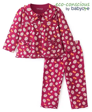 Babyoye Anti Bacterial Cotton Lycra Full Sleeves Floral Printed Night Suit - Red