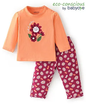 Babyoye Anti Bacterial Cotton Single Jersey Lycra Full Sleeves Night Suit Floral Print - Orange & Red