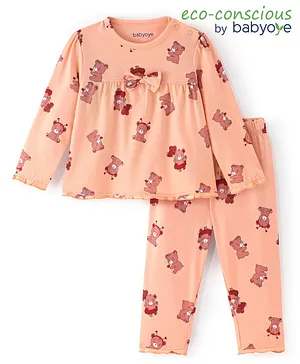 Babyoye Anti Bacterial Cotton Lycra Full Sleeves Night Suit With Teddy Print - Peach