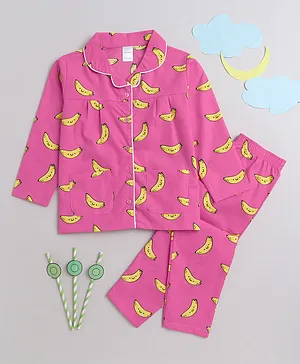 MANET Girls  100% Cotton Full Sleeves Banana Printed Night Suit - Pink