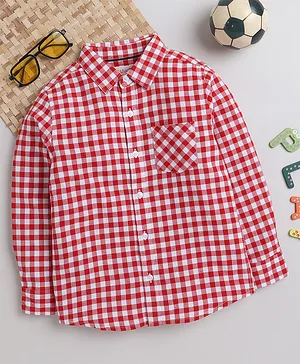MANET Boys 100% Cotton Full Sleeves Gingham Checked  Shirt - Red