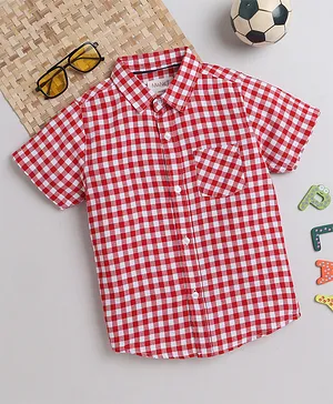 MANET Boys  100% Cotton Half Sleeves Gingham Checked Shirt - Red
