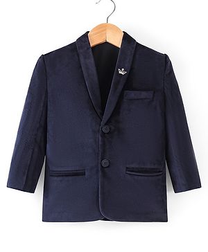 Babyhug Full Sleeves Velvet Party Wear Blazer Solid Colour - Navy Blue
