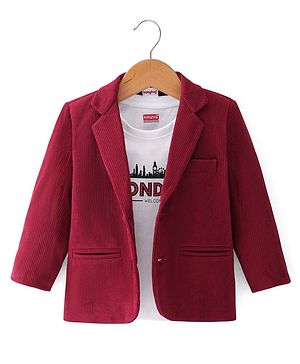 Babyhug Woven Full Sleeves Cordurory Blazer With Text Print T-Shirt - White & Maroon