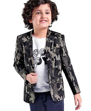Babyhug Woven Full Sleeves Camouflage Blazer with Text Printed Inner Tee - Black
