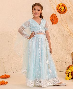 Pspeaches Puffed Half Sleeves Ethnic Motif Embroidered & Shell Hem Lace Embellished Lehenga & Choli With Dupatta - Blue