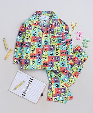 Knitting Doodles Premium Cotton Full Sleeves Funny Faces  Printed    Coordinating Night Suit - Multi Colour