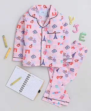 Knitting Doodles Premium Cotton Full Sleeves Paris  Theme Printed    Coordinating Night Suit - Pink