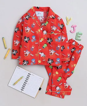 Knitting Doodles Premium Cotton Full Sleeves Fire Superheros Printed Coordinating Night Suit - Red