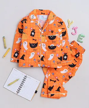Knitting Doodles Premium Cotton Full Sleeves Halloween Theme Printed    Coordinating Night Suit - Orange