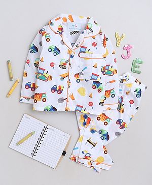 Knitting Doodles Premium Cotton Full Sleeves Construction Vehicles Printed  Coordinating Night Suit - White