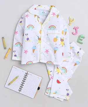 Knitting Doodles Premium Cotton Full Sleeves  Rainbow & Ice Cream Printed  Coordinating Night Suit - White