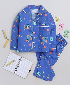 Knitting Doodles Premium Cotton Full Sleeves Space Printed Coordinating Night Suit - Blue