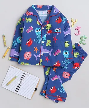 Knitting Doodles Premium Cotton Full Sleeves Sea Animals Printed Coordinating Night Suit - Blue