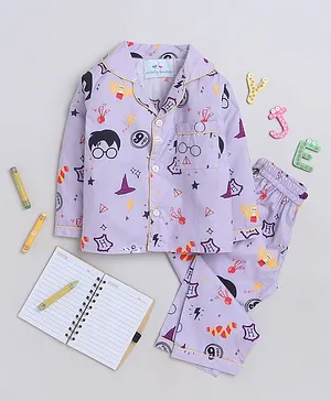 Knitting Doodles Premium Cotton Full Sleeves Magical  Theme Printed Coordinating Night Suit - Purple