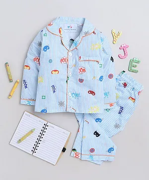 Knitting Doodles Premium Cotton Full Sleeves Boom Printed & Striped Pattern Coordinating Night Suit - Blue & White