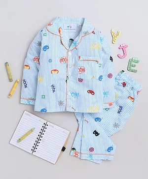 Knitting Doodles Premium Cotton Full
                              Sleeves Boom Printed & Striped Pattern
                              Coordinating Night Suit - Blue &
                              White