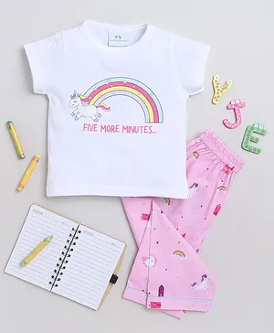 Knitting Doodles Premium Cotton Half Sleeves Rainbow & Unicorn Printed Tee & Pajama Night Suit - Pink & White