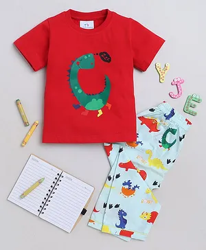 Knitting Doodles Premium Cotton Half Sleeves Dinosaur Printed Tee & Pajama - Red & Green