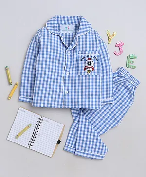 Knitting Doodles Premium Cotton Full Sleeves Gingham Checked & Placement Rocket Embroidered Coordinating Night Suit - White & Blue
