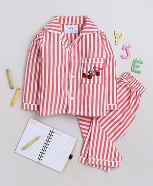 Knitting Doodles Premium Cotton Full Sleeves Railroad Striped & Racing Car Embroidered Coordinating Night Suit - Red & White