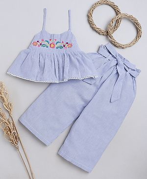 Knitting Doodles Premium Cotton Sleeveless Railroad Striped & Floral Embroidered Crop Top With Coordinating Paper Bag Pant - Blue