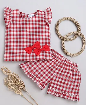 Knitting Doodles Premium Cotton Cap Sleeves Gingham Checked & Bow Embellished Coordinating Frill Detailed Top With Shorts - Red & White