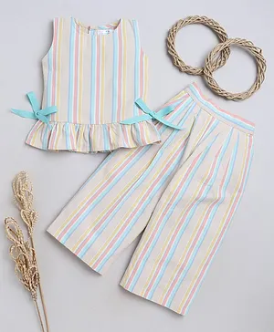 Knitting Doodles Premium Cotton Sleeveless Balanced Striped & Bow Detailed Coordinating Set - Multi Colour