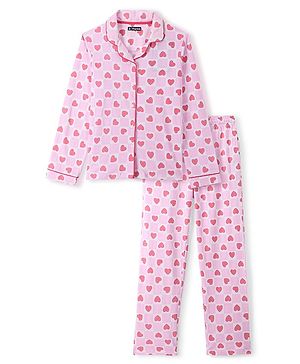 Pine Kids 100% Cotton Single Jersey Full Sleeves Heart Printed Night Suit - Pink