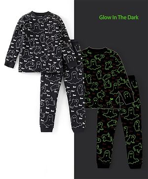 Pine Kids 100% Cotton Single Jersery Knit Full Sleeves Glow In The Dark Halloween Night Suit Set - Black