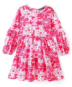 Pine Kids Cotton Single Jersey Full Sleeves Tier Knit Frock With Floral Print - Pink