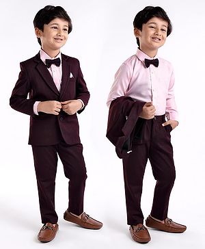 Babyhug Woven Full Sleeves Three Pieces Solid Colour Party Suit With Bow - Pink & Maroon
