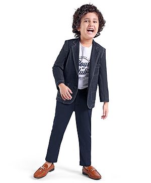 Babyhug Full Sleeves Denim Blazer with Text Printed T-Shirt & Stretch Fit Trouser Set - Blue & White