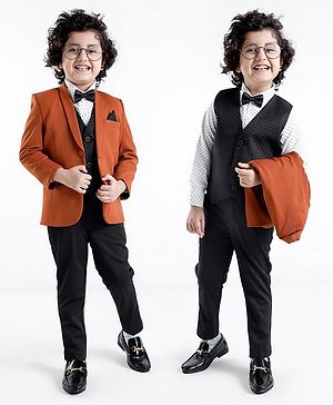 Babyhug Woven Full Sleeves Stretch Fit Five Piece Party Suit Solid Colour-  Rust & Black