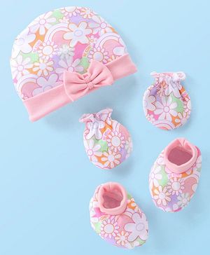 Babyhug 100% Cotton Knit Cap Mittens & Booties Set with Floral Print - Pink
