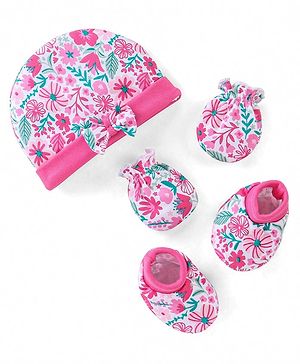 Babyhug 100% Cotton Knit Floral Printed Cap Mittens & Booties with Bow Applique - Pink