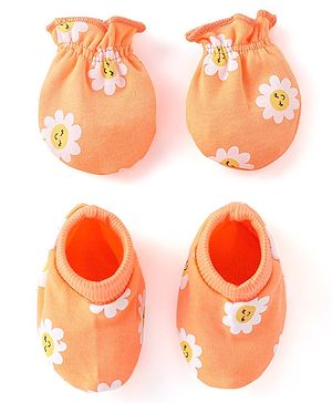 Babyhug 100% Cotton Knit Floral Print Mittens & Booties - Multicolor