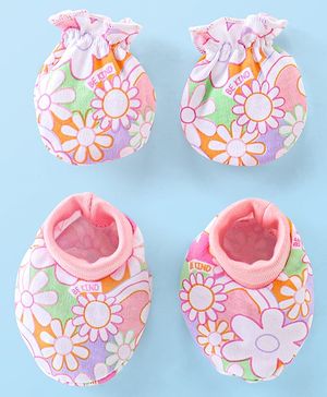 Babyhug 100% Cotton Knit Mitten & Booties Floral Print - Pink