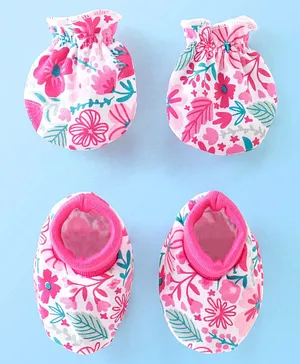 Babyhug Cotton Knit Floral Print Mittens & Booties - Pink