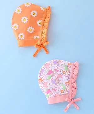 Babyhug 100% Cotton Knit Floral Print Tie Knot Cap Pack of 2 - Pink