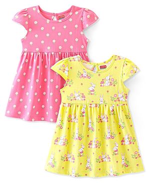 Babyhug 100% Cotton Knit Cap Sleeves Frock Floral & Bunny Print Pack of 2 - Yellow & Pink
