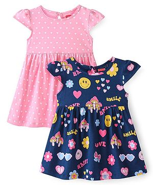 Babyhug Cotton Knit Half Sleeves Frocks With Heart & Floral Print Pack Of 2 - Pink & Navy Blue
