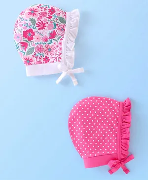 Babyhug 100% Cotton Knit Floral Print Tie Knot Cap - Pink