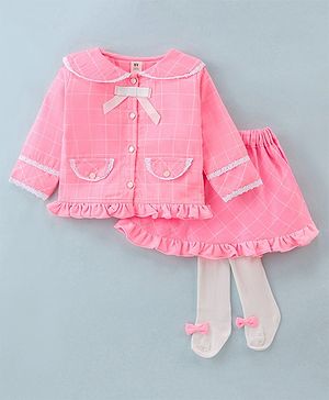 ToffyHouse Full Sleeves Top & Skirt Set With Stocking Checkered - Pink