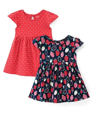 Babyhug Single Jersey Cotton Knit Cap Sleeves Frocks with Strawberry & Polka Dots Print Pack of 2 - Red & Navy Blue