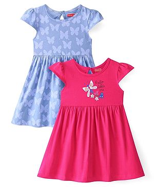 Babyhug 100% Cotton Knit Half Sleeves Frock With Butterfly Print Pack Of 2 - Pink & Blue