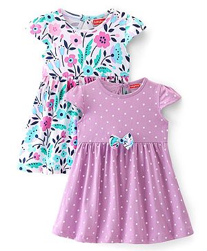 Babyhug Cotton Knit Cap Sleeves Floral Printed Frocks with Bow Applique Pack of 2 - Multicolour
