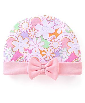 Babyhug 100% Cotton Knit Cap with Floral Print and Bow - Pink