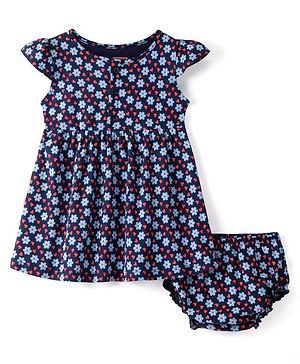 Babyhug 100% Cotton Single Jersey Knit Half Sleeves Frock With Bloomer Floral Print - Navy Blue
