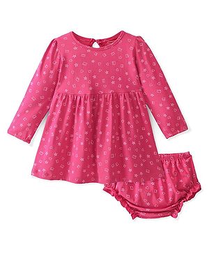Babyhug Cotton Knit Full Sleeves Frock with Bloomer Heart Printed - Pink